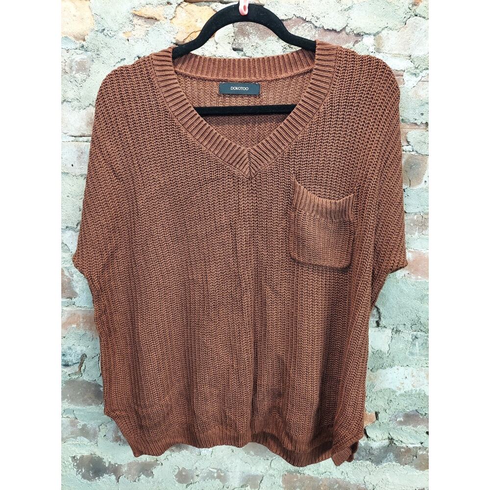 DOKOTOO Womens Short Sleeve V Neck Sweater XL Rust Knit Chest Pocket Viscose